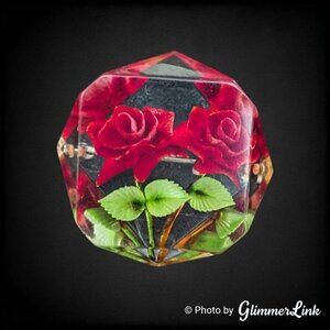Vintage Clear Lucite Red Roses & Leaves Octagonal Faceted Brooch Pin